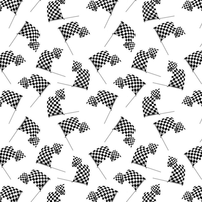 May include: A seamless pattern of black and white checkered flags, a common symbol of racing and competition, repeated across a white background.