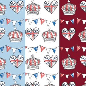 May include: A seamless pattern featuring a repeating design of red, white and blue hearts with the Union Jack flag, crowns and bunting flags. The pattern is shown in three colour variations: light blue, white and burgundy.