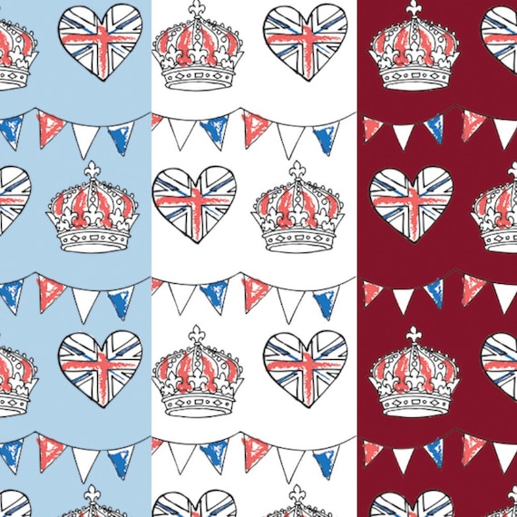 Polycotton Fabric British Party Kings Coronation Royal Crown Union Jack Hearts