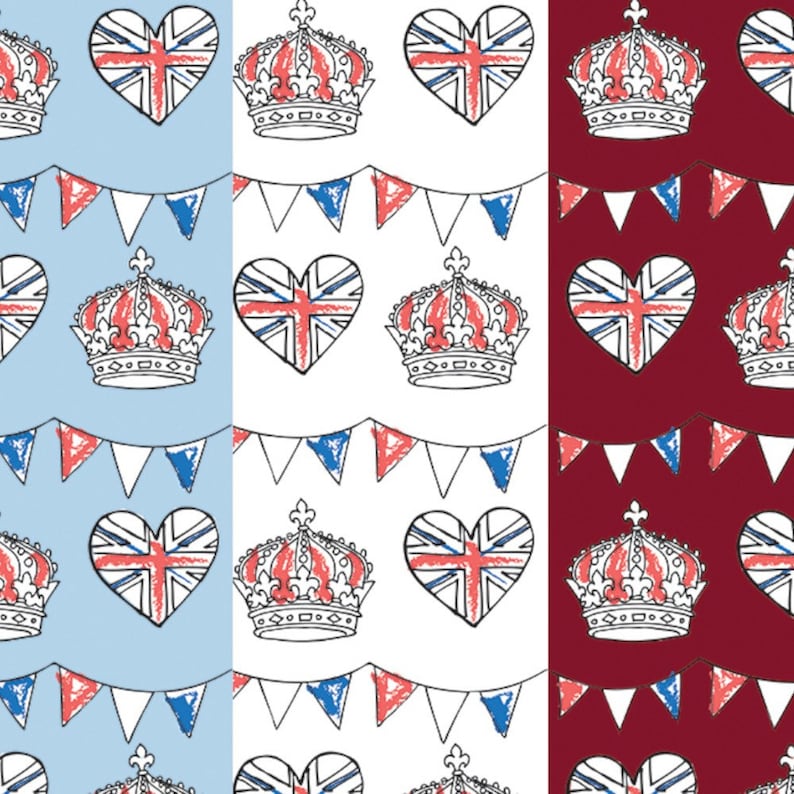 May include: A seamless pattern featuring a repeating design of red, white and blue hearts with the Union Jack flag, crowns and bunting flags. The pattern is shown in three colour variations: light blue, white and burgundy.