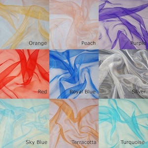 nine different fabric swatches, each with a unique color and texture, arranged in a 3x3 grid. The swatches include orange, peach, purple, red, royal blue, silver, sky blue, terracotta, and turquoise.