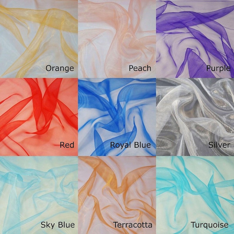 nine different fabric swatches, each with a unique color and texture, arranged in a 3x3 grid. The swatches include orange, peach, purple, red, royal blue, silver, sky blue, terracotta, and turquoise.