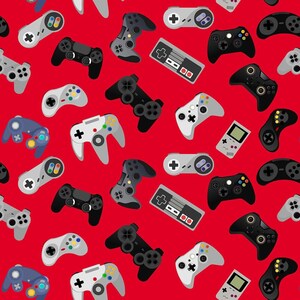 May include: A red background with a repeating pattern of various video game controllers. The controllers are in different colours and styles, including black, white, grey, and green. Some of the controllers are classic, while others are more modern.