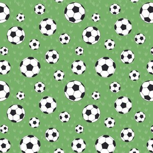 May include: A seamless pattern of black and white soccer balls on a green background.
