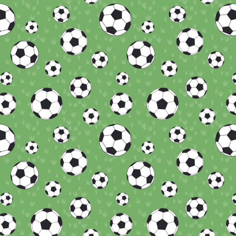 May include: A seamless pattern of black and white soccer balls on a green background.