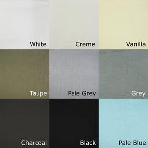 nine fabric swatches, each representing a different color: white, creme, vanilla, taupe, pale grey, grey, charcoal, black, pale blue, and pale blue.