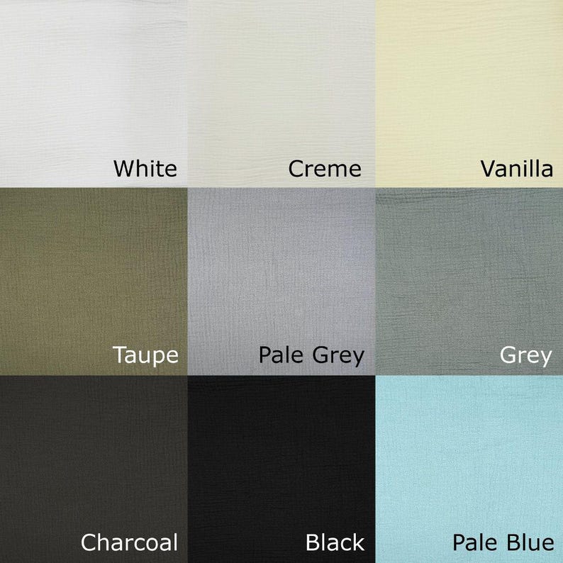 nine fabric swatches, each representing a different color: white, creme, vanilla, taupe, pale grey, grey, charcoal, black, pale blue, and pale blue.