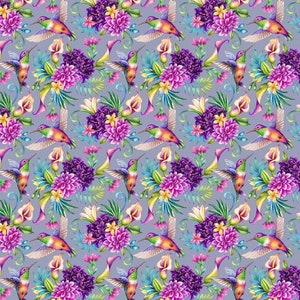 May include: A seamless pattern featuring vibrant hummingbirds with iridescent green, blue, and purple feathers, flying amongst lush tropical flowers in shades of pink, purple, and yellow. The background is a soft gray.