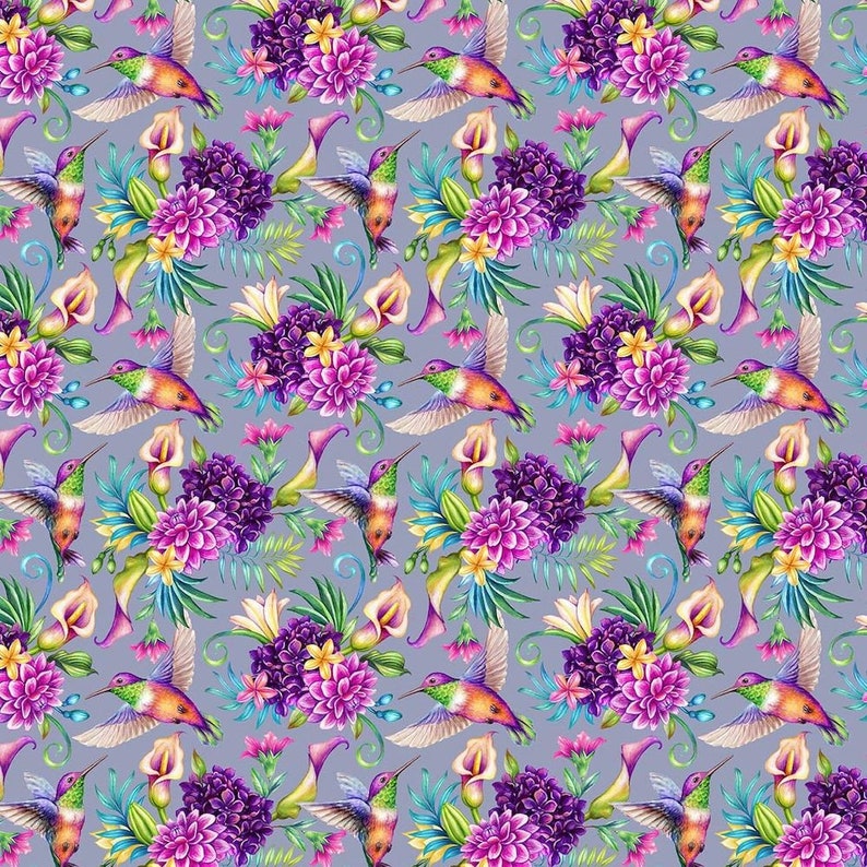 May include: A seamless pattern featuring vibrant hummingbirds with iridescent green, blue, and purple feathers, flying amongst lush tropical flowers in shades of pink, purple, and yellow. The background is a soft gray.