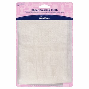 May include: A white sheer pressing cloth, 55cm by 76cm, packaged in a pink and blue plastic bag with the text "Sheer Pressing Cloth" and "Hemline".