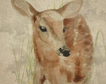 Cotton Rich Linen Look Fabric Deer Forest Grass Or Panel Upholstery