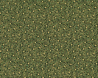 Puede incluir: Un patrón sin costuras con un diseño repetitivo de hojas doradas y pequeñas estrellas doradas sobre un fondo verde oscuro.