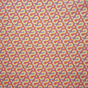 May include: A repeating pattern of colorful, overlapping circles. The circles are made up of thin, concentric lines in shades of red, orange, yellow, blue, and white. The background is a light yellow.