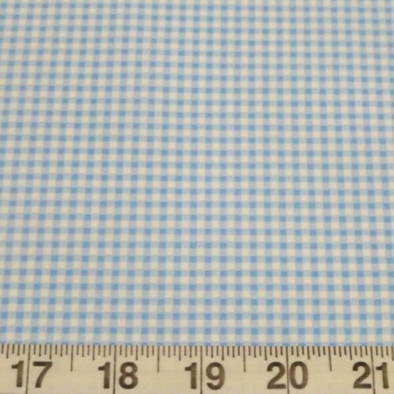 K&ouml;nnte beinhalten: Nahaufnahme eines hellblauen und wei&szlig;en Gingham-Stoffes. Der Stoff hat ein kleines, gleichm&auml;&szlig;iges Karomuster. Am unteren Rand des Bildes ist ein Lineal sichtbar, auf dem die Zahlen 17, 18, 19, 20 und 21 zu sehen sind.