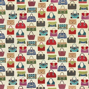 May include: A beige fabric with a repeating pattern of colourful handbags. The handbags are in various styles and colours, including red, blue, green, and yellow.