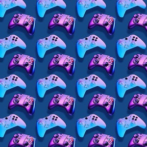 May include: A repeating pattern of blue and purple video game controllers on a blue background. The controllers are arranged in a staggered pattern.