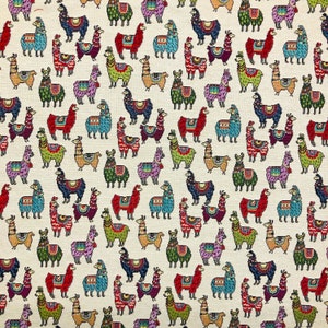 May include: A repeating pattern of colourful llamas on a cream-coloured background. The llamas are in various poses and have different patterns and colours.