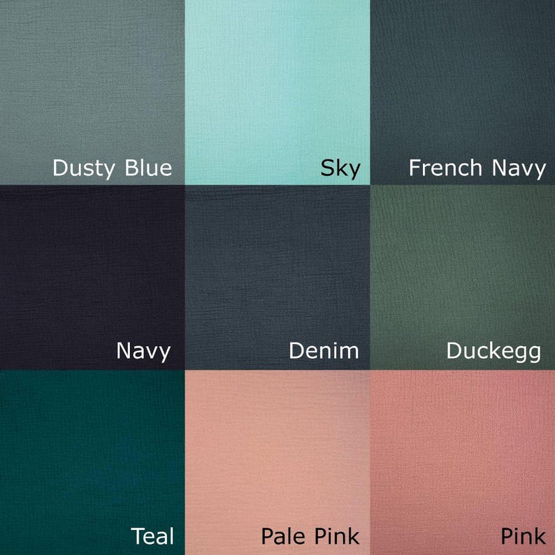 nine fabric swatches, each representing a different color: DUSTY BLUE, SKY, FRENCH NAVY, Navy, Denim, Duck Egg, Teal, Pale Pink, and Pink.