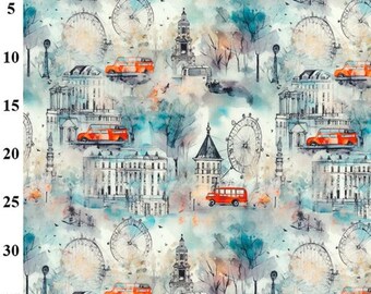 100% Cotton Poplin Fabric Rose & Hubble London Skyline Red Bus Print 112cm Wide
