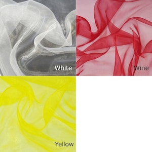 The image is a collage of four fabric swatches, each representing a different color: white, yellow, red, and wine.