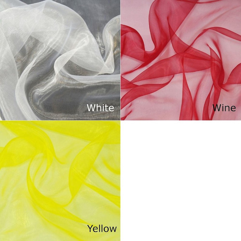 The image is a collage of four fabric swatches, each representing a different color: white, yellow, red, and wine.