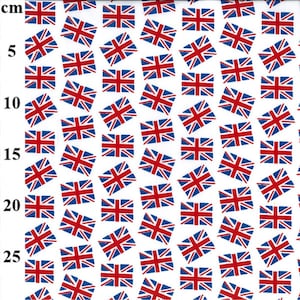 May include: White fabric with a repeating pattern of red, white, and blue Union Jack flags. The flags are arranged in a diagonal pattern.