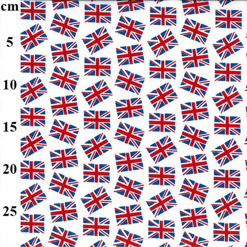May include: White fabric with a repeating pattern of red, white, and blue Union Jack flags. The flags are arranged in a diagonal pattern.