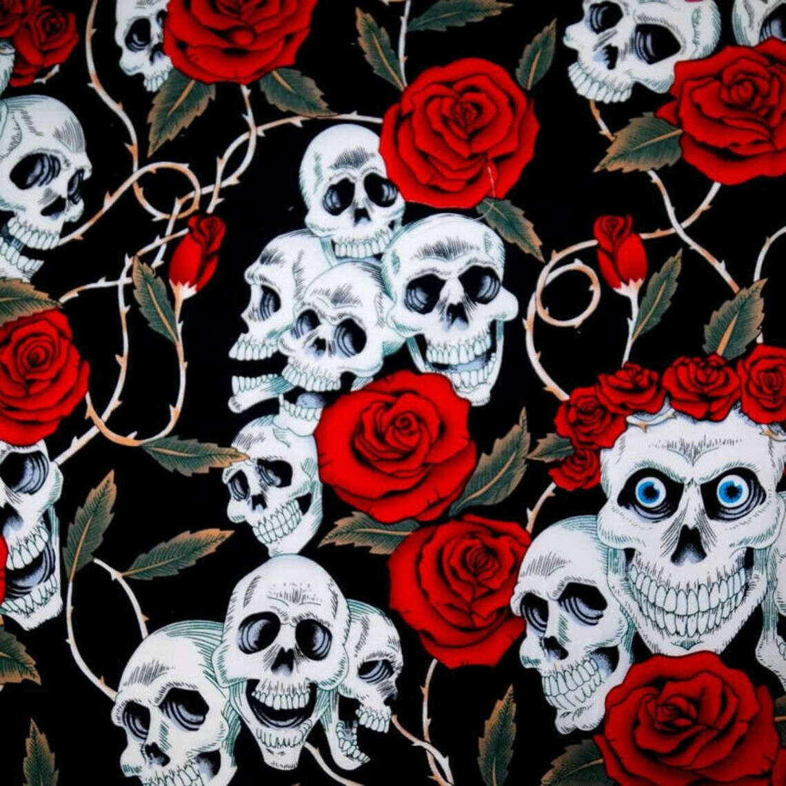 100% Cotton Fabric Large Skulls and Roses Thorns Halloween - Etsy