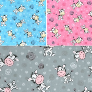 Polycotton Fabric Tossed Happy Cartoon Zebras Nursery