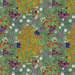 Puede incluir: Una vibrante pintura impresionista de un jard&iacute;n de flores. La obra presenta una densa disposici&oacute;n de flores coloridas en tonos naranja, rojo, morado, blanco y azul, sobre un fondo verde. El estilo recuerda la t&eacute;cnica puntillista.