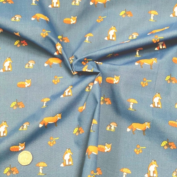 Polycotton Fabric Fox Mushrooms Foxes Exploring Woodland