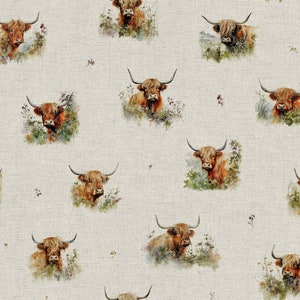 Cotton Rich Linen Look Fabric Standing Highland Cow or Panel Upholstery 