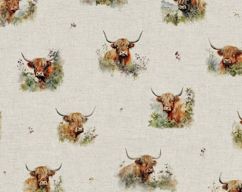 Tela con aspecto de lino y alto contenido de algodón, estampado digital de seto, vacas de las Tierras Altas y granja, 140 cm de ancho.
