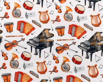 Tela de popelina 100% algodón con estampado de instrumentos musicales Rose & Hubble, 110 cm de ancho.