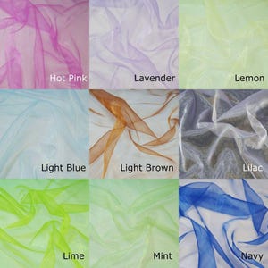 The image is a collage of nine fabric swatches, each displaying a different color and pattern. The swatches include Hot Pink, Lavender, Lemon, Light Blue, Light Brown, Lilac, Lime, Mint, and Navy.