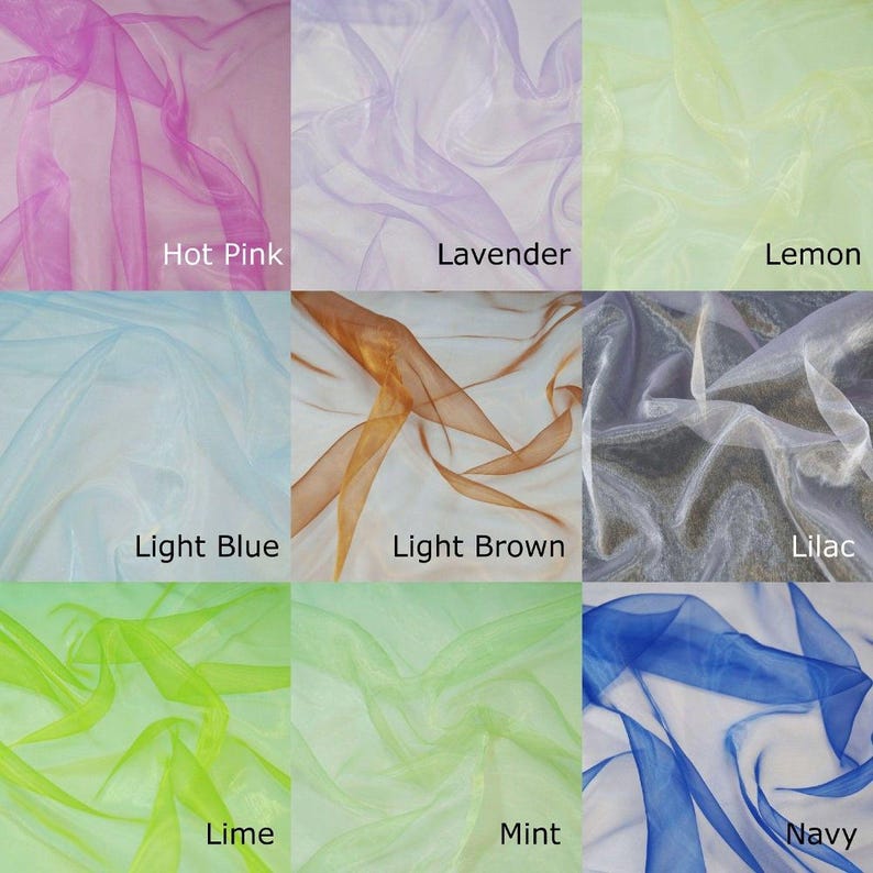 The image is a collage of nine fabric swatches, each displaying a different color and pattern. The swatches include Hot Pink, Lavender, Lemon, Light Blue, Light Brown, Lilac, Lime, Mint, and Navy.