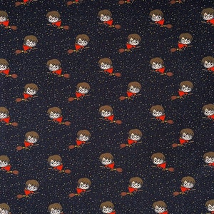 May include: A black fabric with a repeating pattern of a cartoon character flying on a broomstick. The character is wearing a red robe and glasses. The background is a dark blue with small white dots.