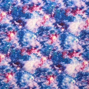 May include: A repeating pattern of a galaxy design. The image features a blend of deep blues, purples, and pinks, with scattered white specks resembling stars. The design evokes a sense of the cosmos and celestial bodies.