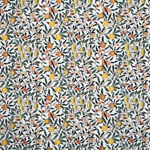 May include: A white background with a repeating pattern of green leaves, yellow lemons, orange pomegranates, and white flowers. The pattern is a classic floral design.