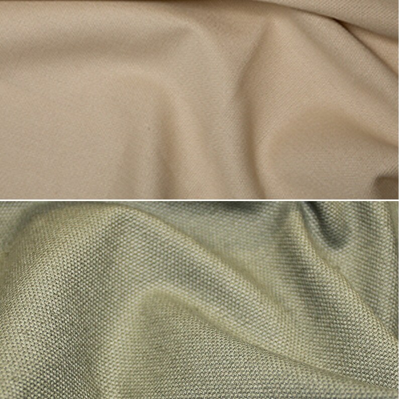 K&ouml;nnte beinhalten: Zwei Stoffmuster, eines beige und eines gr&uuml;n. Der beige Stoff ist glatt und der gr&uuml;ne Stoff hat eine strukturierte Webart.