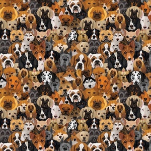May include: A seamless pattern featuring a variety of dog breeds, each with a unique expression and colour. The dogs are arranged in a close-up, overlapping pattern, creating a playful and energetic design.