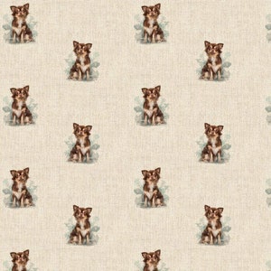 May include: A seamless pattern featuring a repeating design of brown chihuahua dogs with white markings, sitting on a light beige background.
