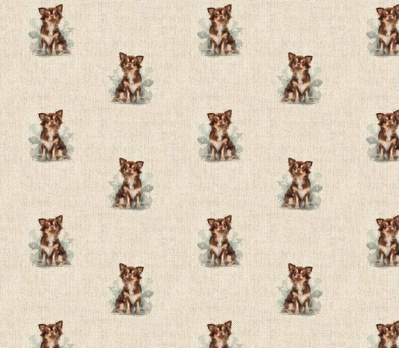 May include: A seamless pattern featuring a repeating design of brown chihuahua dogs with white markings, sitting on a light beige background.