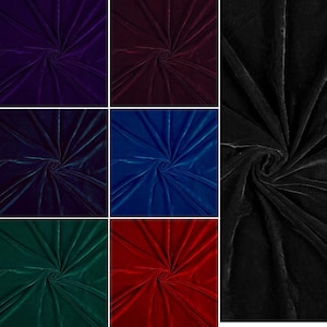 Puede incluir: Una colección de muestras de tela de terciopelo en varios colores. Las muestras incluyen morado oscuro, burdeos, azul marino, azul real, verde esmeralda y rojo. También se incluye una muestra de terciopelo negro. La tela es suave y tiene un ligero brillo.