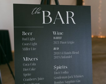 Señalización de menú de bebidas 18x24" y 5x7" - Menú de ducha de boda Señales de ceremonia de evento de restaurante - Plantilla negra moderna + Guía de Canva GRATIS