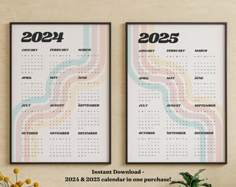 Calendarios de impresión digital 2024-2025 - Múltiples tamaños - 16x20 8x10 18x24 - Retro Wavy Sleek Vintage MCM - Listo para imprimir