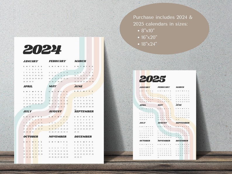 20242025 Digital Print Calendars Multiple Sizes 16x20 8x10 18x24 Retro