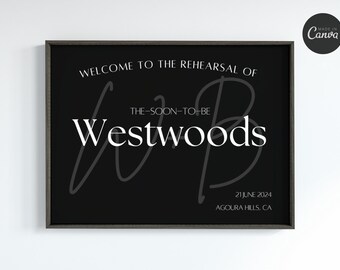 Póster de ensayo de boda para parejas futuras de 18 x 24 pulgadas - Letreros para ceremonias de eventos matrimoniales de socios casados - Plantilla negra moderna + Guía de Canva GRATIS