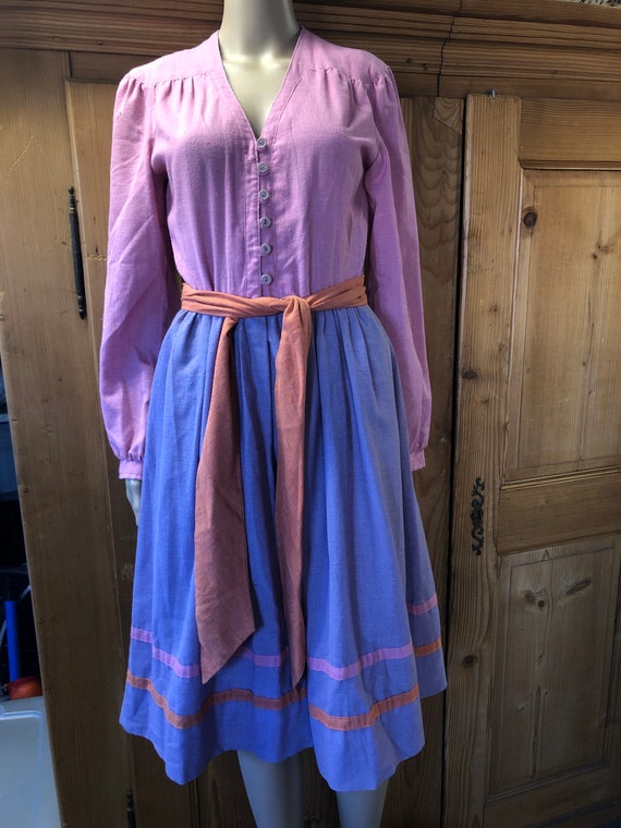 Vintage 70s Pink and Purple Linen Long Sleeve Midi Folklore Peasant Dress Prairie Cottage Core Vintage 70s Pink and Purple Linen Long Sleeve Midi Folklore Peasant Dress Prairie Cottage Core