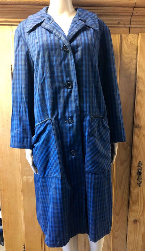 Vintage 60s Mod Blue Plaid Raincoat Trench Coat - image 1